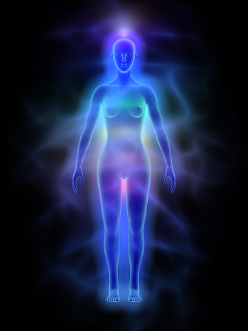 Illustration of human energy body (aura) with chakras - woman.